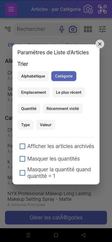 Image de la page Liste d'articles (Articles) par Catégorie avec un menu déroulant affichant les options de regroupement, y compris par Catégorie