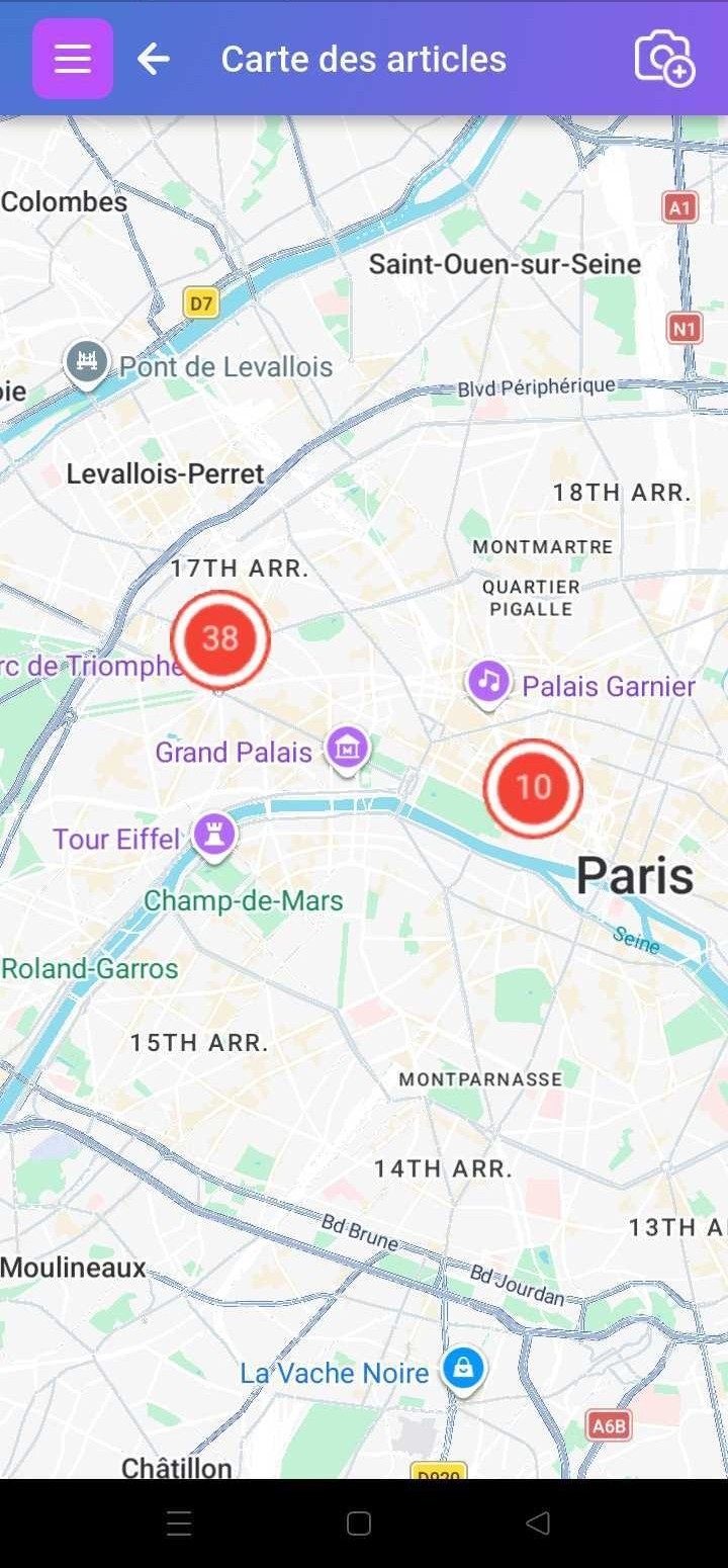 Carte Scanlily sur mobile montrant l'emplacement des articles
