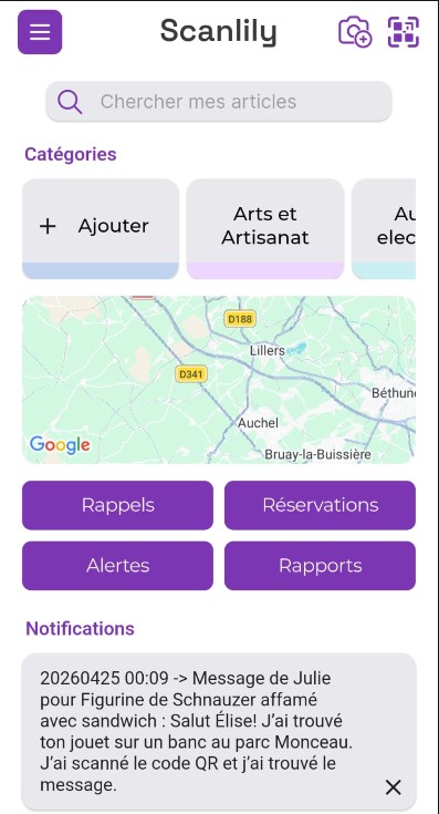 Le tableau de bord Scanlily avec le bouton Scan en haut à droite