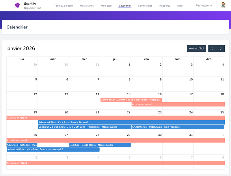 Calendrier Web sur le site Web de l'utilisateur