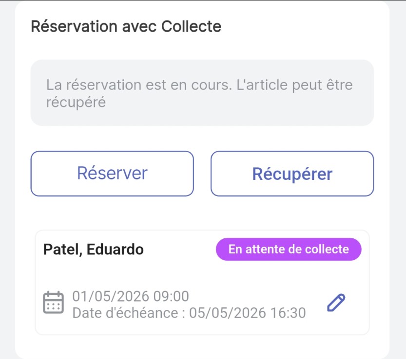 Écran d'article pour un article ayant une réservation avec des retraits et en attente de retrait