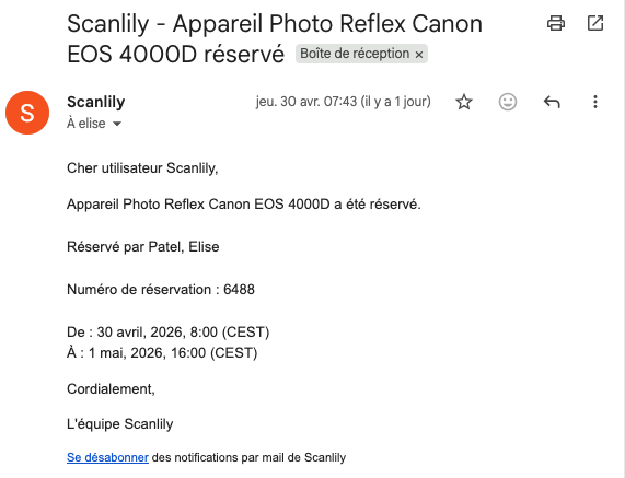 E-mail reçu confirmant qu'un article a été réservé