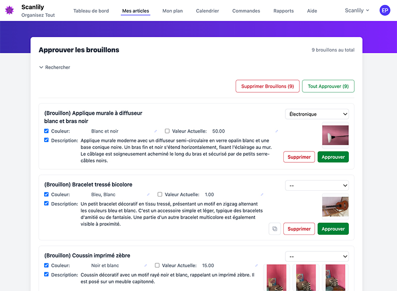La page d'approbation des brouillons affichant les éléments reconnus par l'IA avec des descriptions, des valeurs et des photos prêts pour examen