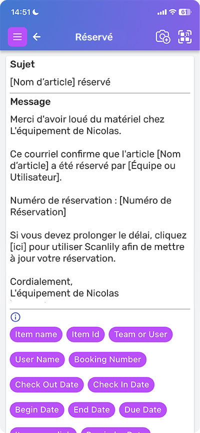 Écran Scanlily pour personnaliser la notification lorsque des personnes réservent un article