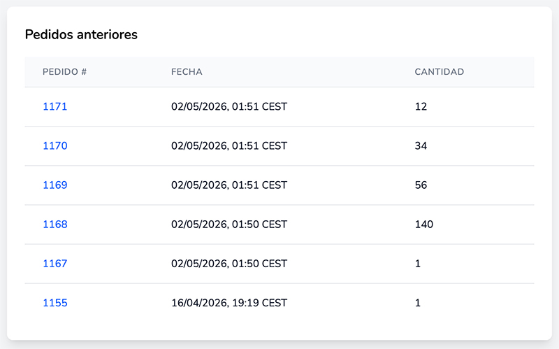 Sección de pedidos anteriores mostrando el historial de pedidos