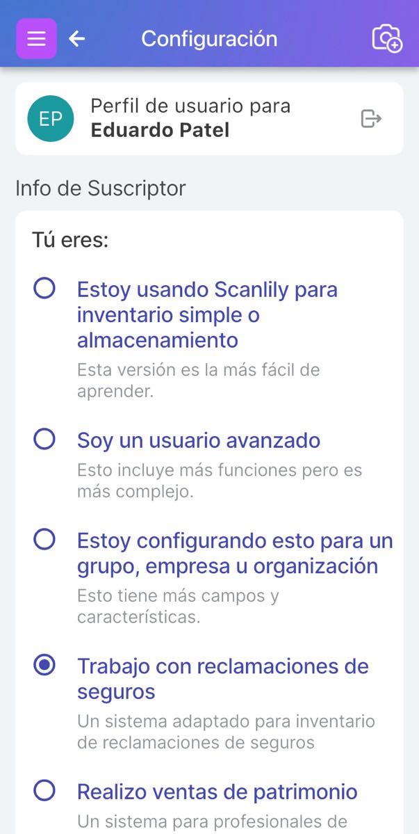Pantalla de persona de suscriptor de Scanlily con "Trabajo con reclamaciones de seguros" seleccionado