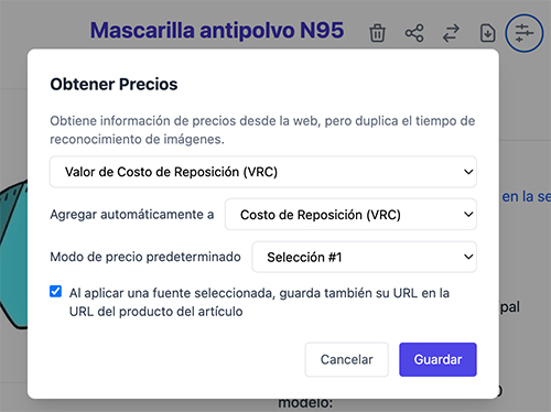 Panel de configuración de precios