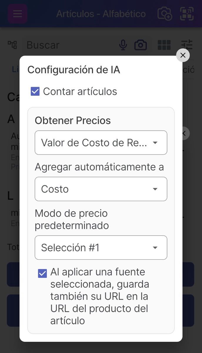 Configuración de precios mostrando la casilla de verificación para guardar la URL