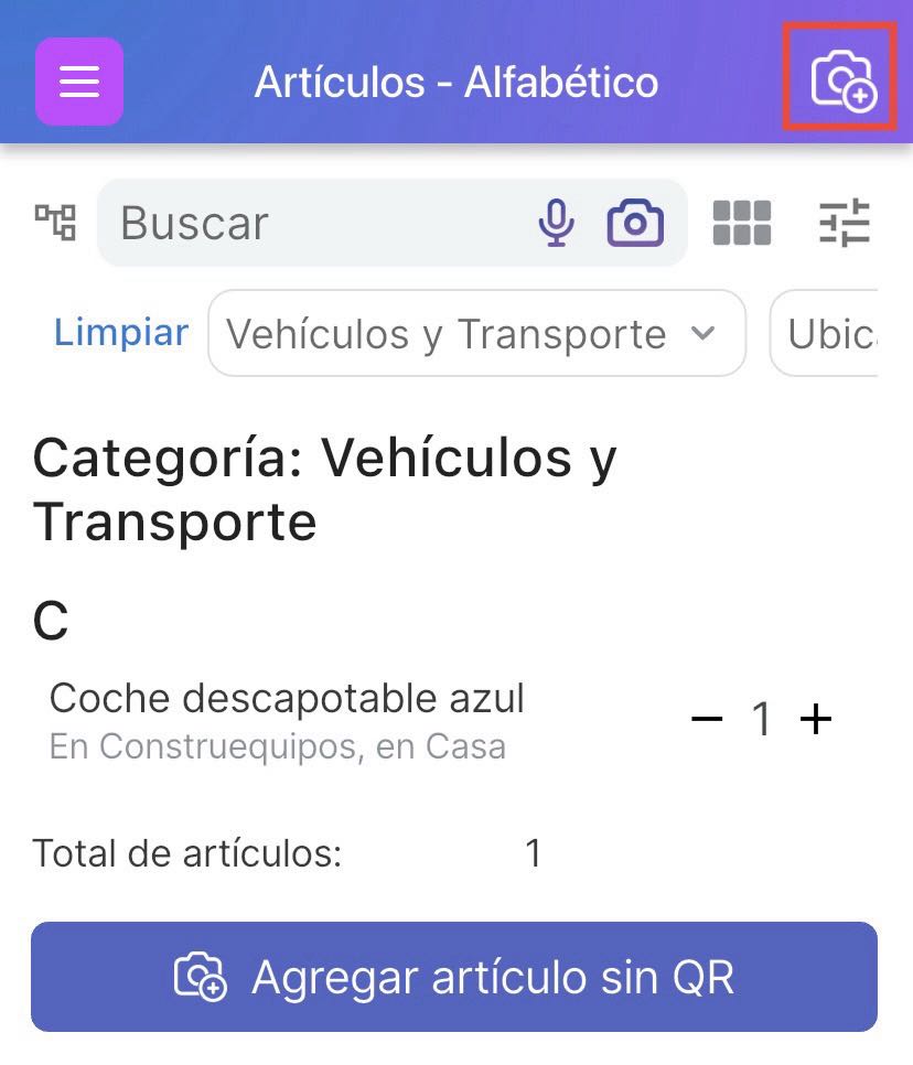 Página de artículos con botón de Cámara+