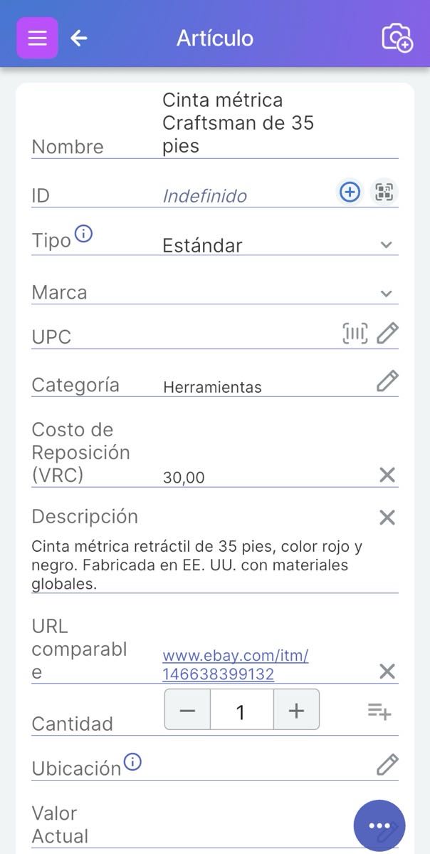 Página del artículo con precios y URL de origen rellenados