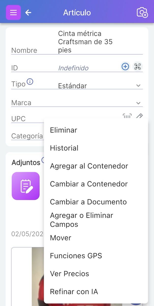 Menú de tres puntos mostrando Ver Precios