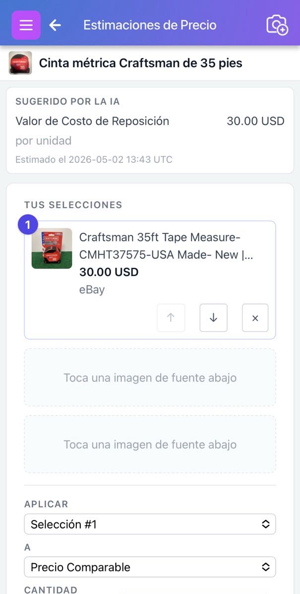 Página de Estimaciones de Precios con sugerencia de IA en la parte superior