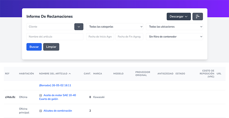 Informe de reclamaciones de Scanlily con columnas de Costo de Reemplazo (RCV), URL comparable y RCV total listas para exportar.