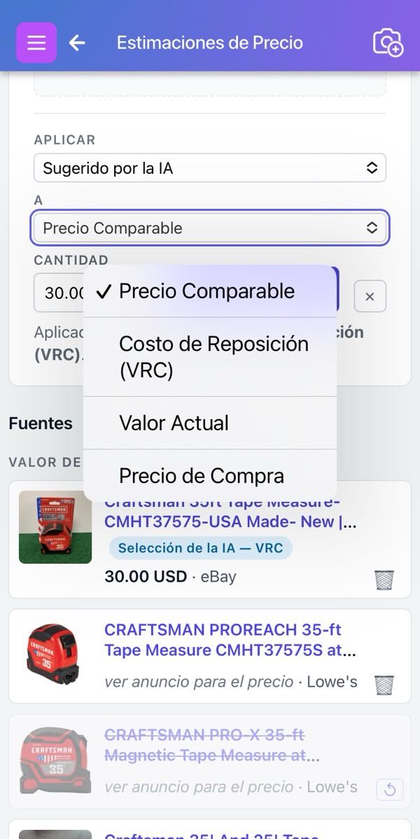 Contenido del menú desplegable A