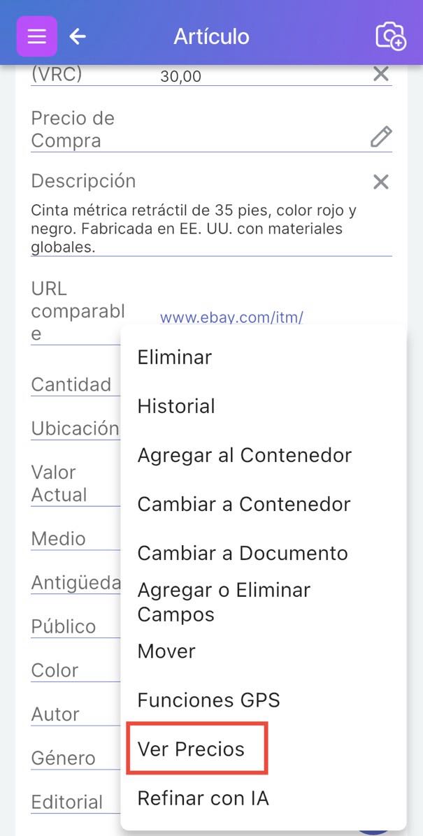 Menú de tres puntos mostrando Obtener Precios