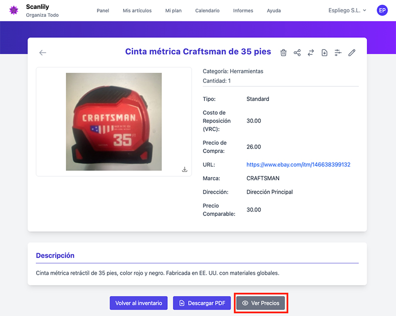 Vista de inventario, detalle del artículo con el botón Obtener precios