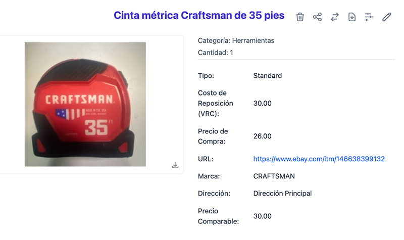 Página de detalles del artículo que muestra el Costo de reemplazo (RCV), la URL comparable, el Valor real en efectivo (ACV) y el Precio comparable rellenados automáticamente