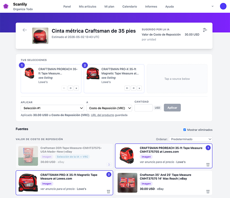 Página de resultados de estimaciones de precios en la web