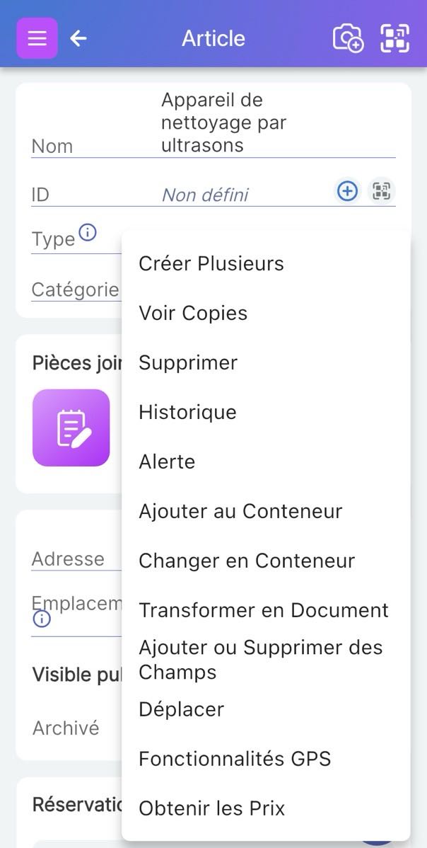 Options du menu Article
