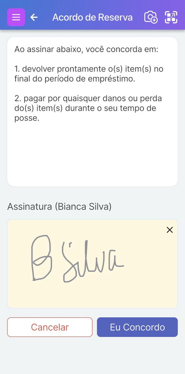 Tela de confirmação de assinatura para o acordo de reserva exibido ao reservar um item.