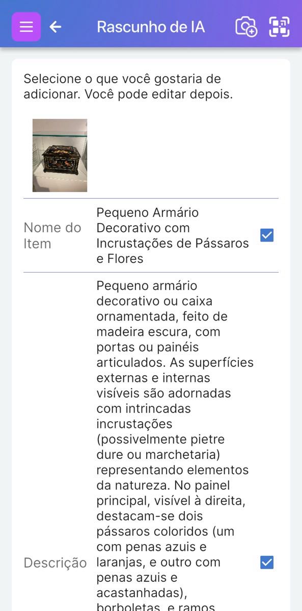 Tela de rascunho de item de IA que exibe campos com caixas de seleção para permitir selecionar quais recomendações manter e quais ignorar.