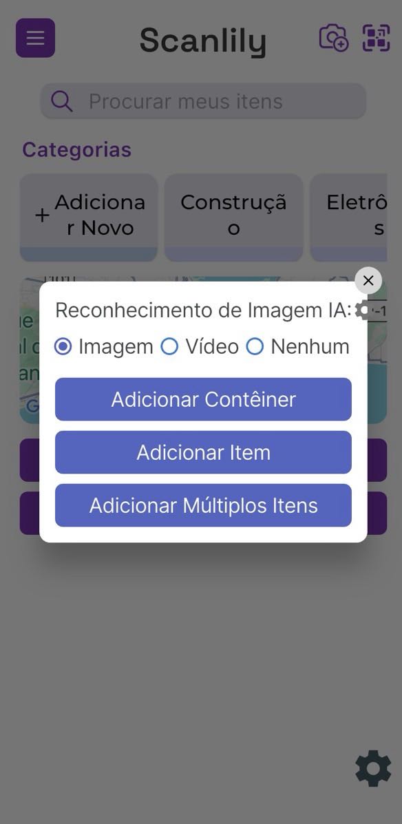 Opções pop-up do Scanlily para adicionar um item com ou sem IA