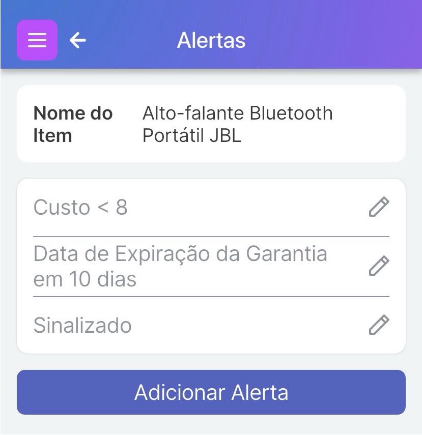 Página da Lista de Alertas com alertas para Sinalizado, Expiração em 10 dias e Quantidade < 10