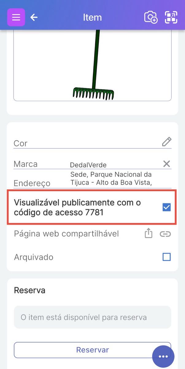 Código de acesso marcado na Página do Item com senha em exibição. Mostra