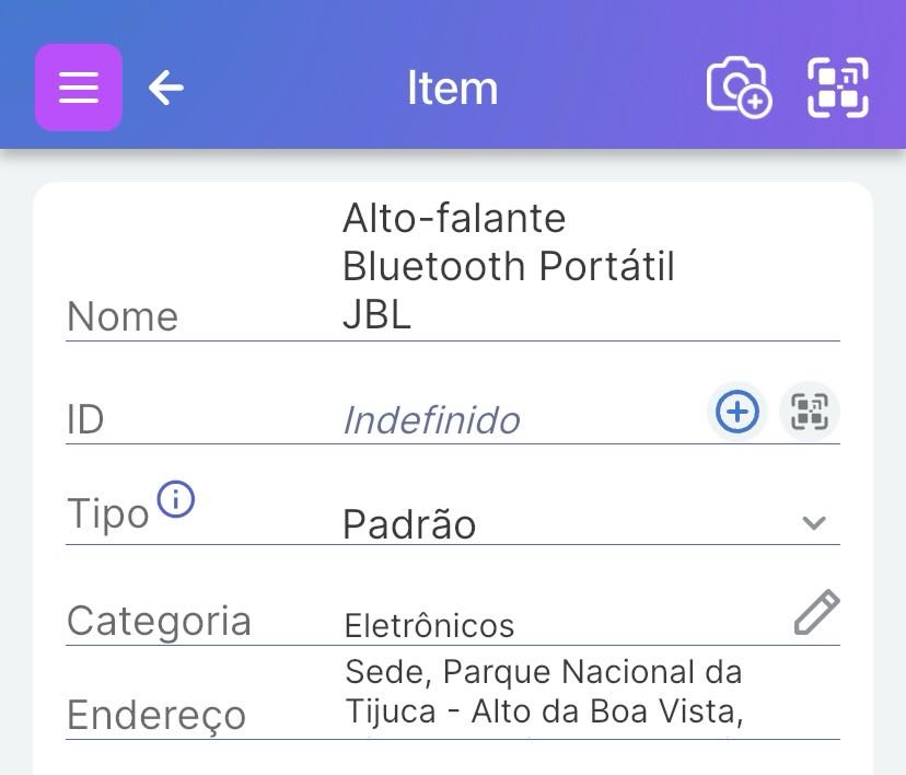 Campo de ID mostrando diferentes tipos de campos, incluindo códigos QR proprietários e códigos de barras.