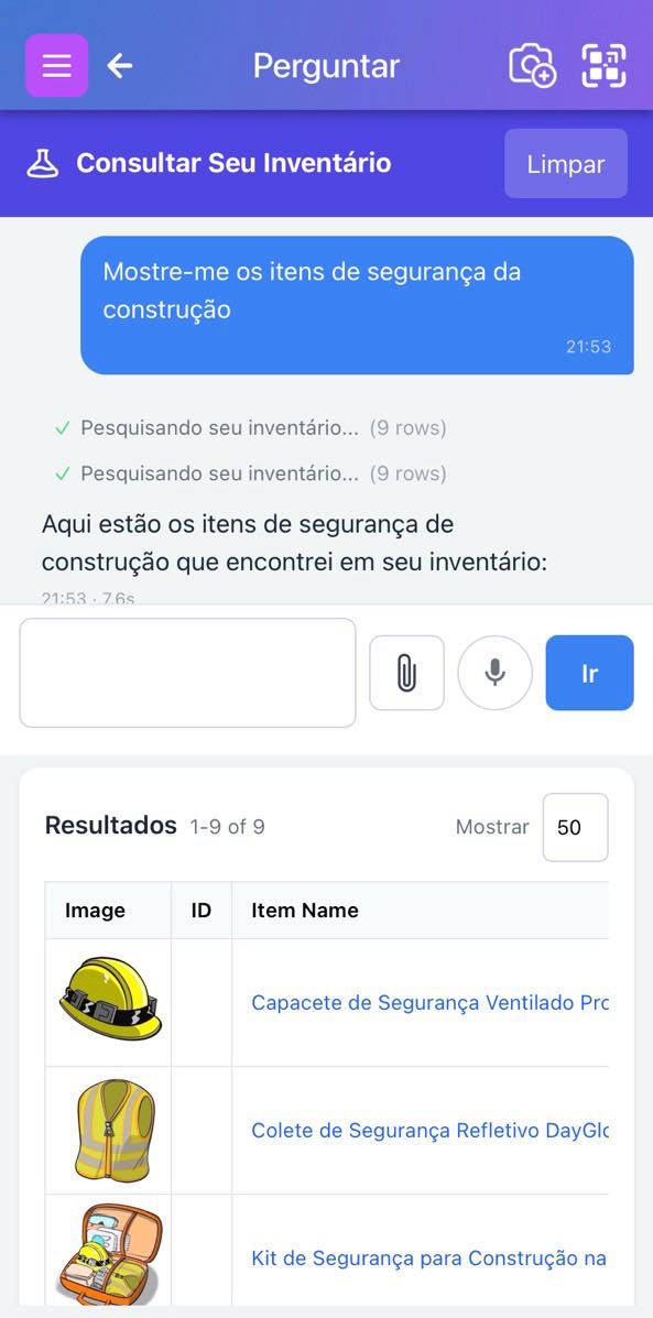 Imagem mostrando a pesquisa de IA em ação, com uma pergunta digitada na barra de pesquisa e itens sugeridos aparecendo com base no inventário