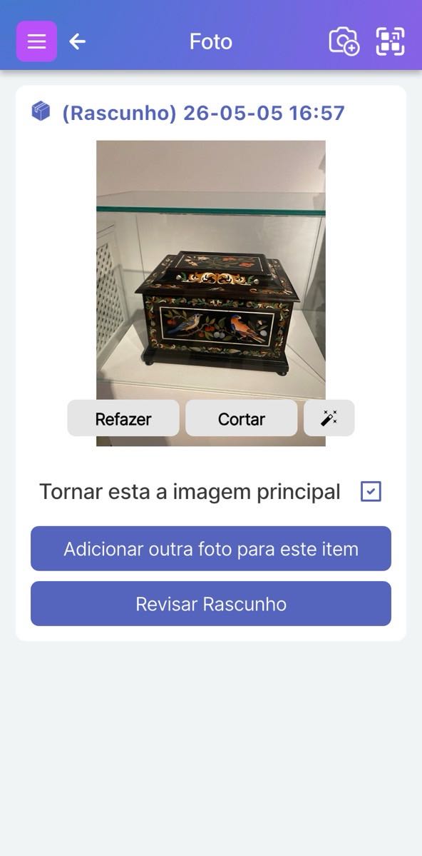 Tela mostrando três opções: Adicionar outra foto para este item, Adicionar um novo item e Revisar rascunho