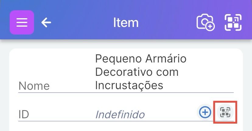 Página do item sem código QR mostrando o símbolo de digitalização ao lado do campo ID