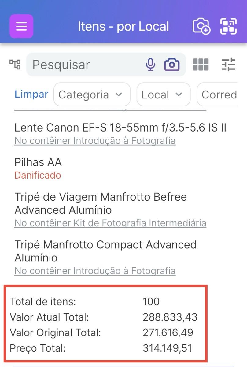 Quantidade de itens, preço e totais de custo na parte inferior da página da lista de itens