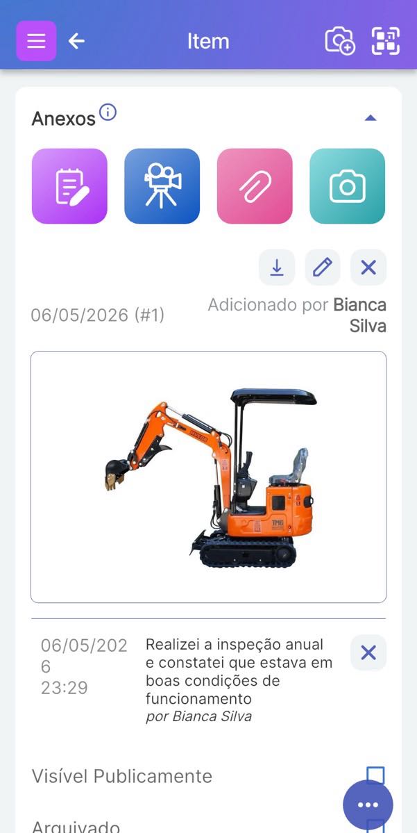 Seção de Anexos mostrando opções para imagens, documentos, notas e lembretes.