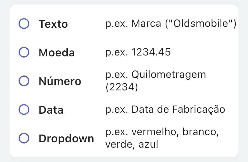 Parte da tela móvel do Scanlily mostrando como selecionar o tipo de campo personalizado a escolher: texto, moeda, número, data ou lista suspensa.
