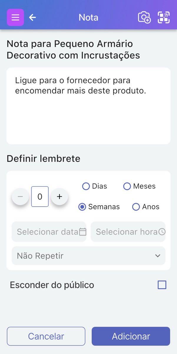 Tela para adicionar notas e definir lembretes