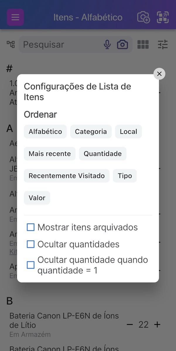 Imagem da Página de Lista de Itens com opções de classificação exibidas para Alfabética, Categoria, Localização, Mais recente, Quantidade, Visitados recentemente, Tipo e Valor.