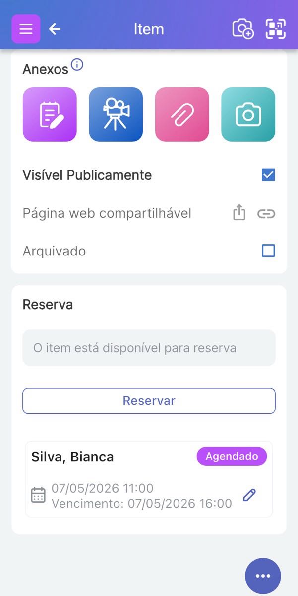 Página do Item com seção de Reserva e reserva sendo exibida