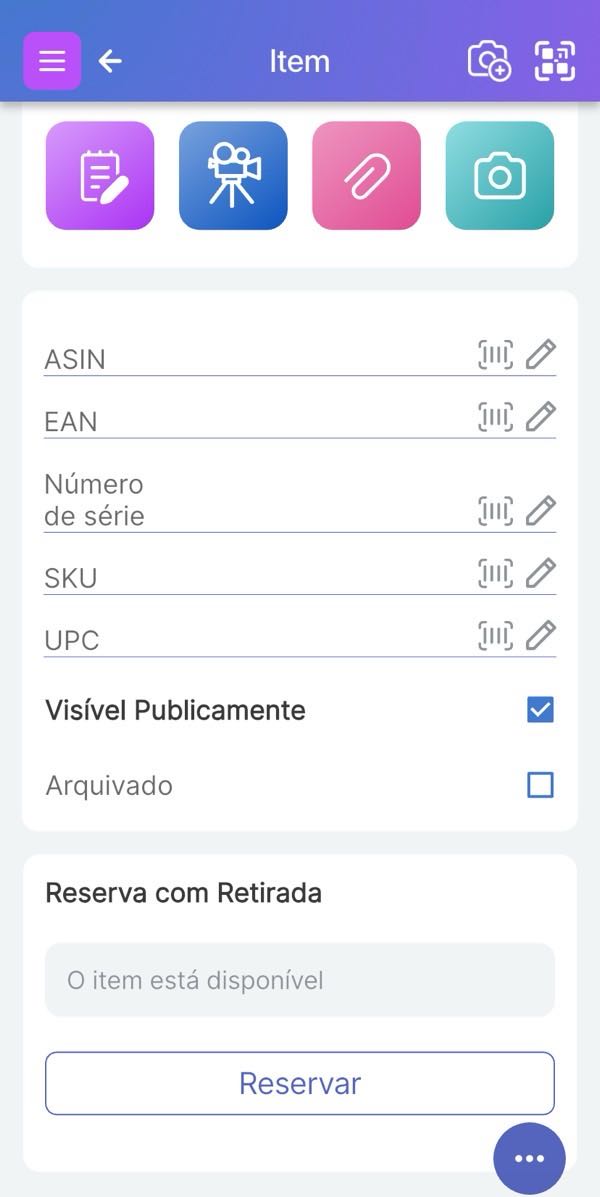 Imagem mostrando os campos ASIN, EAN, Número de Série, SKU e UPC com um ícone de leitura de código de barras ao lado, permitindo que os usuários digitem ou escaneiem valores