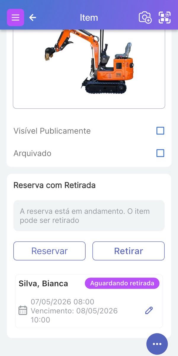 Parte inferior da tela do Item mostrando que uma reserva está em andamento e o Item pode ser retirado.