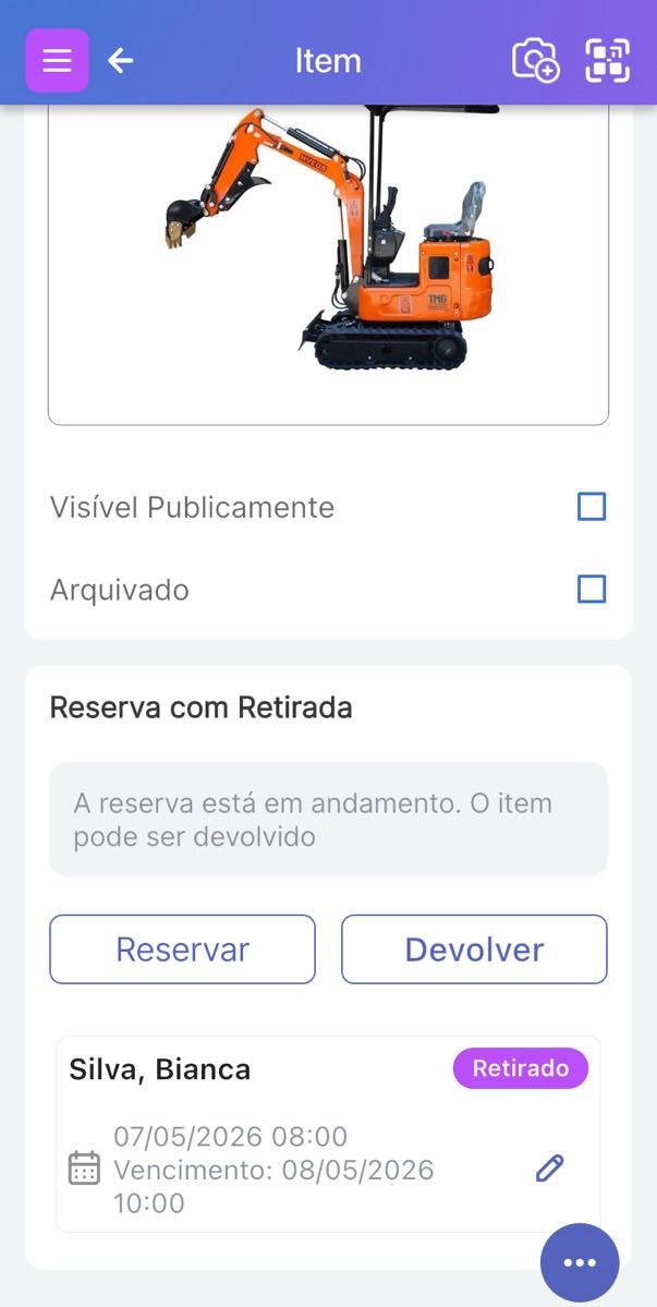 Parte inferior da tela do Item mostrando que uma reserva está em andamento. O Item pode ser devolvido.