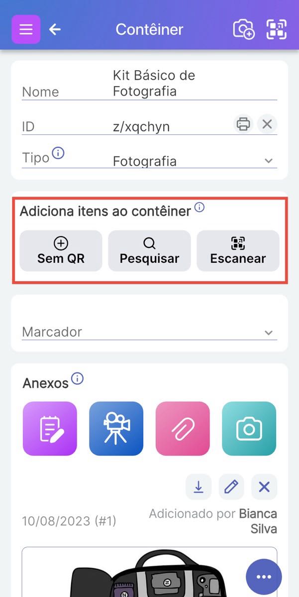 Página do contêiner mostrando opções para adicionar itens: Pesquisar, Escanear QR ou Sem QR