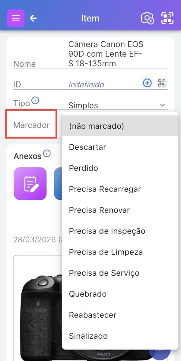 Menu suspenso do Scanlily mostrando os valores padrão das sinalizações: Quebrado, Descartar, Sinalizado, Perdido, Precisa Recarregar, Precisa Renovar, Precisa de Manutenção, Reabastecer