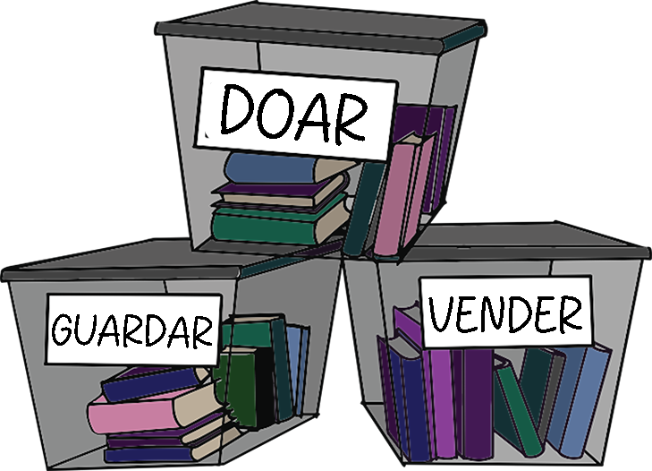 Caixas etiquetadas como "Doar", "Manter" e "Vender"