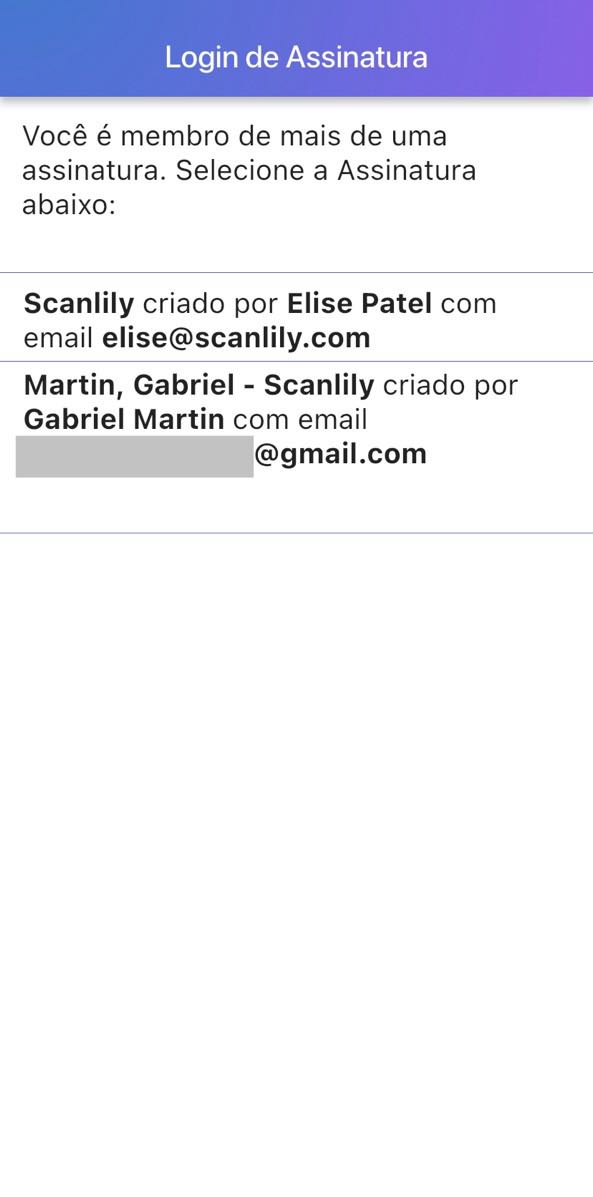 Tela de login de assinatura do aplicativo móvel mostrando contas disponíveis