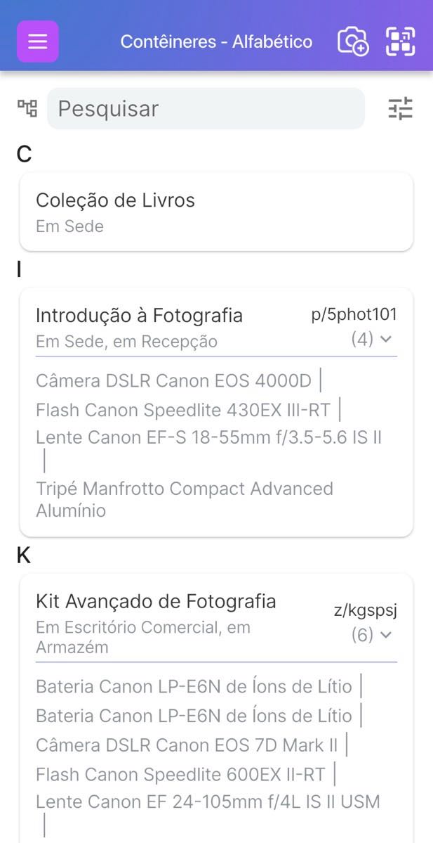 Imagem da página do Contêiner com muitos itens incluídos