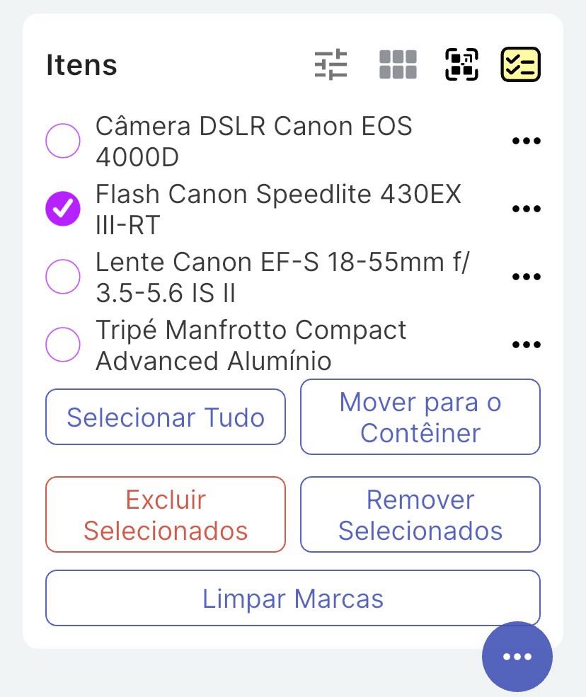 Página do contêiner mostrando itens com caixas de seleção e botões de ação