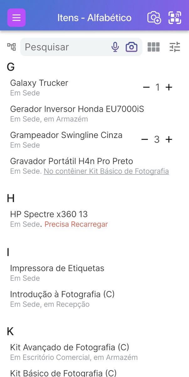 Imagem da página da Lista de Itens com alguns contêineres