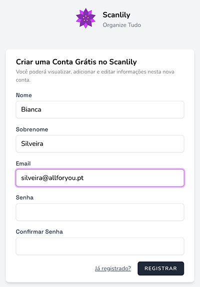 Formulário de criação de nova conta de cliente com campos para nome, sobrenome e e-mail