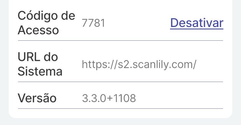 Página de Configurações com Código de Acesso mostrado e